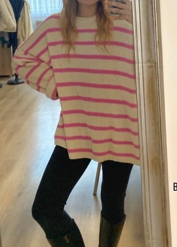 Pembe Çizgili Örgü Kadın Kazak - Görsel 3