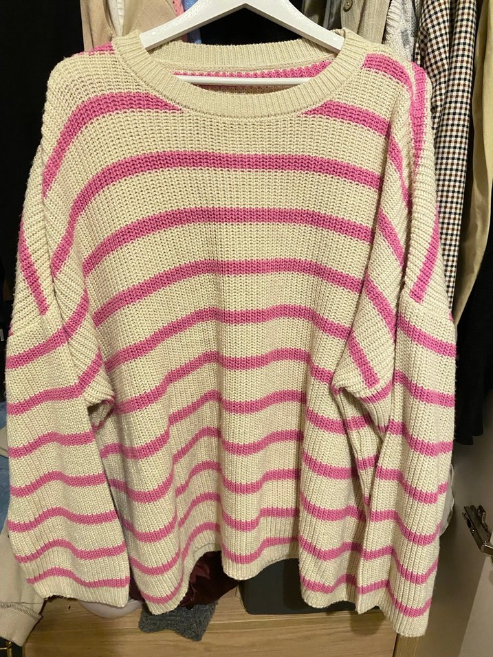 Pembe Çizgili Örgü Kadın Kazak - Görsel 2