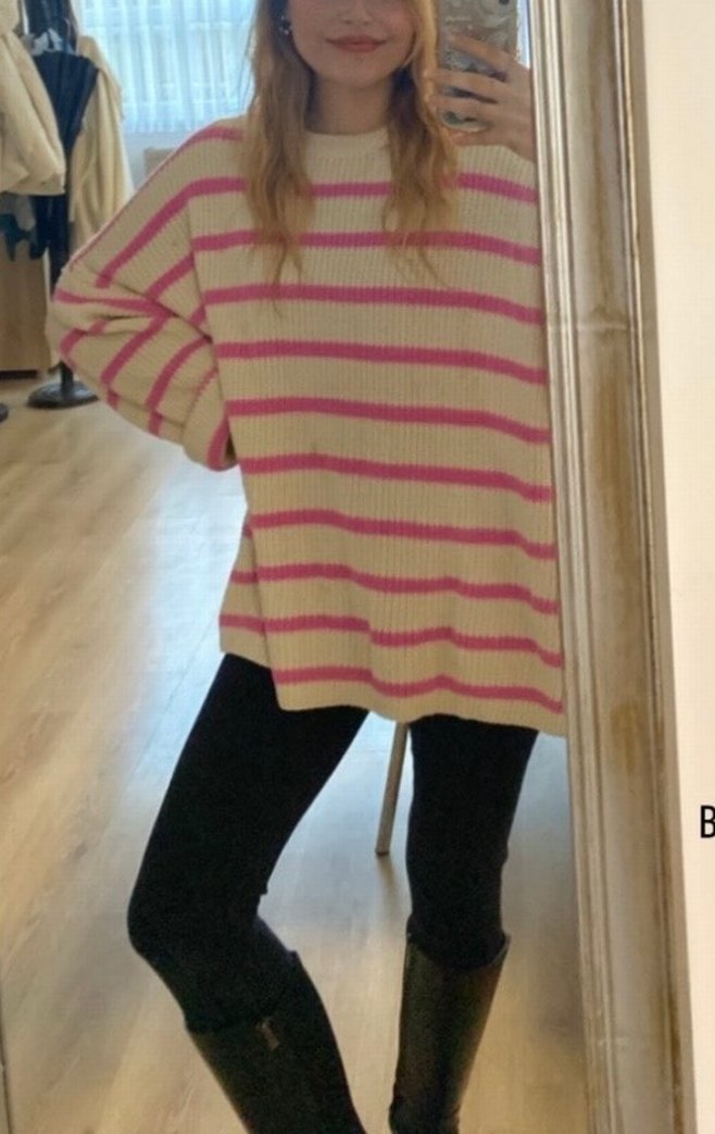 Pembe Çizgili Örgü Kadın Kazak - Görsel 3