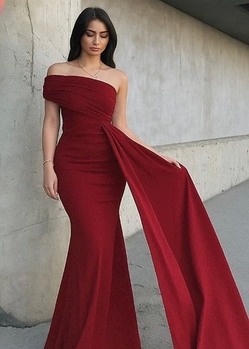 Bordo Drapeli Uzun Abiye Elbise - Görsel 2