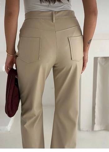 Bej Deri Kumaş Kadın Pantolon - Görsel 4