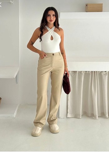 Bej Deri Kumaş Kadın Pantolon - Görsel 2