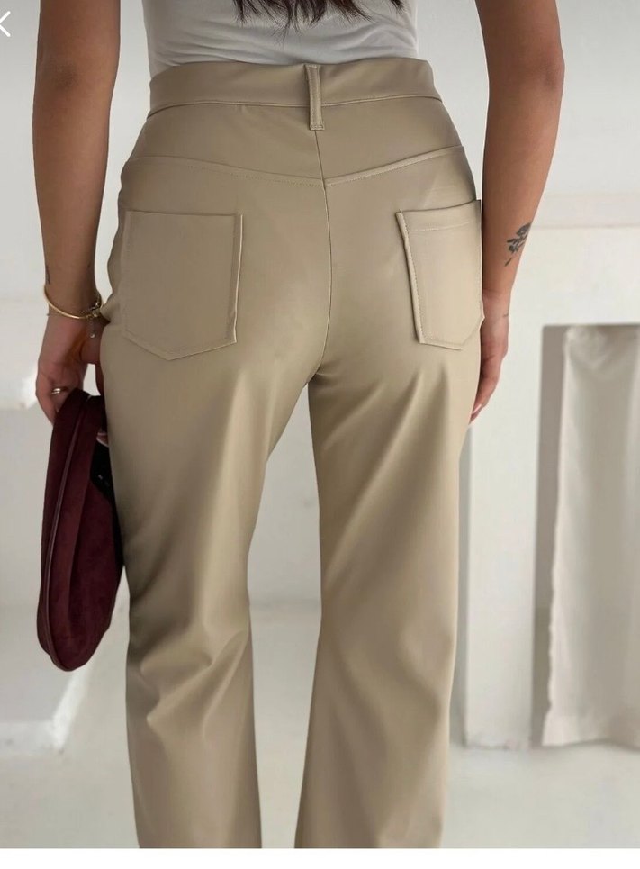 Bej Deri Kumaş Kadın Pantolon - Görsel 4