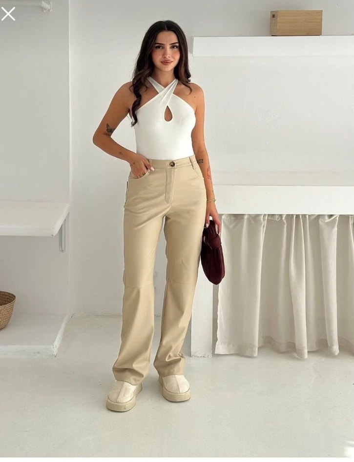 Bej Deri Kumaş Kadın Pantolon - Görsel 2