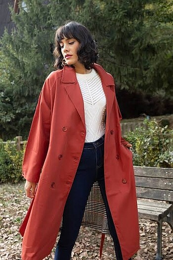 Ekose detay oversize trençkot
