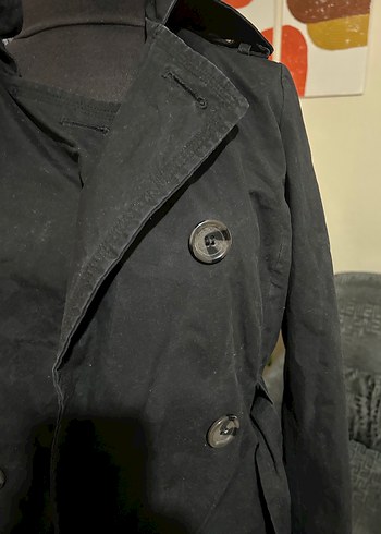 Düğmeli Siyah Midi Kadın Trençkot - Görsel 2