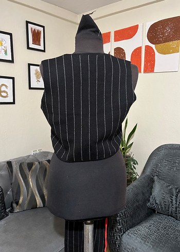 Kemerli Siyah Çizgili Kadın Uzun Takım - Görsel 6