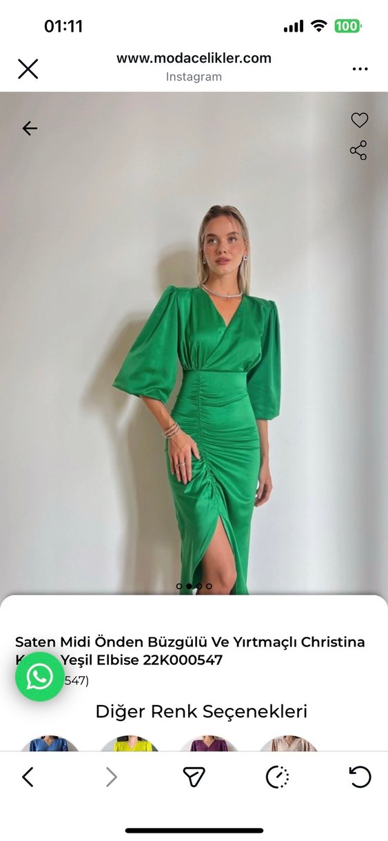 Yeşil Saten Midi Drapeli Elbise - Görsel 2