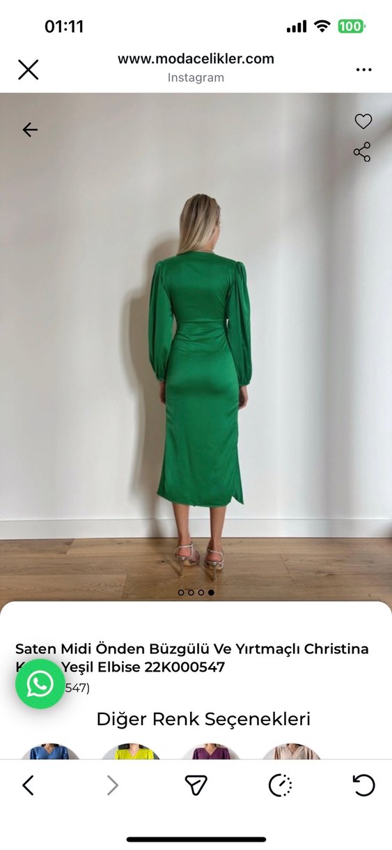 Yeşil Saten Midi Drapeli Elbise - Görsel 3