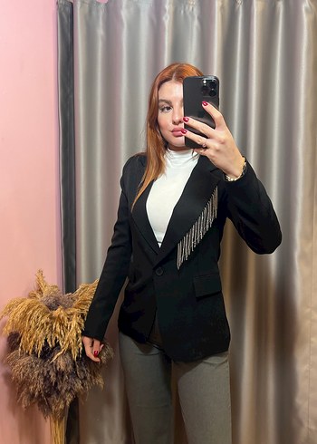Püskül Detaylı Siyah Kadın Blazer Ceket - Görsel 3