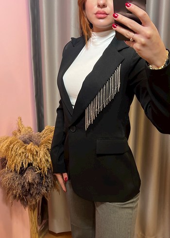 Püskül Detaylı Siyah Kadın Blazer Ceket - Görsel 5