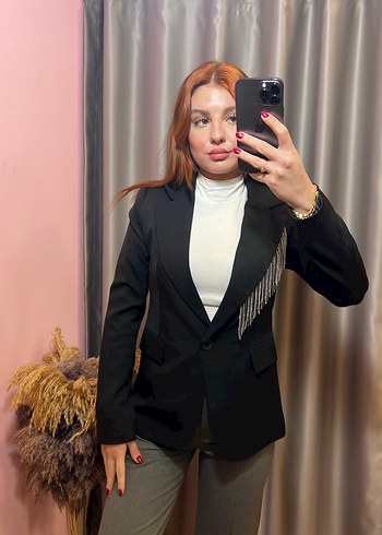 Püskül Detaylı Siyah Kadın Blazer Ceket - Görsel 2