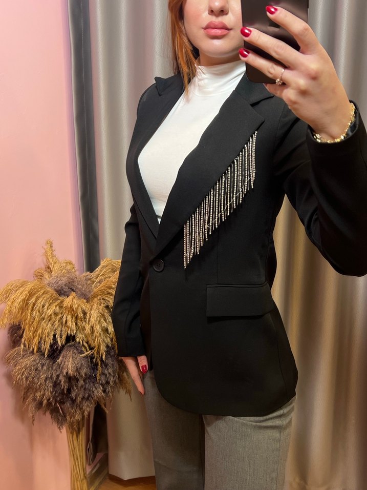 Püskül Detaylı Siyah Kadın Blazer Ceket - Görsel 5