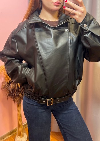 Siyah Kemerli Kadın Deri Ceket S-M-L-XL - Görsel 3