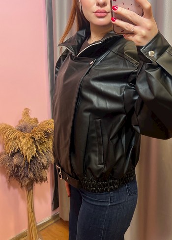 Siyah Kemerli Kadın Deri Ceket S-M-L-XL - Görsel 4