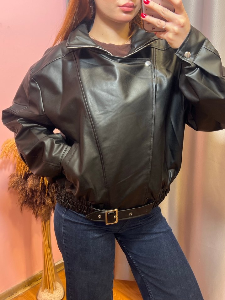 Siyah Kemerli Kadın Deri Ceket S-M-L-XL - Görsel 3