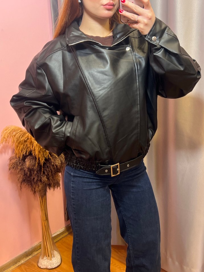 Siyah Kemerli Kadın Deri Ceket S-M-L-XL - Görsel 2