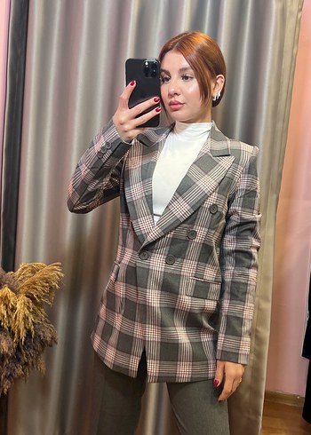 Ekose Desenli Gri Kadın Blazer Ceket S-M-L-XL - Görsel 2