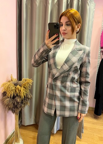 Ekose Desenli Gri Kadın Blazer Ceket S-M-L-XL - Görsel 3