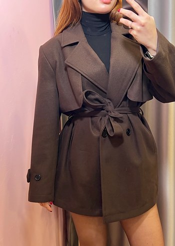 Kahverengi Kemerli Mini Deri Trençkot S-M-L - Görsel 3