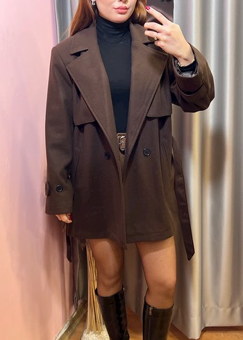 Kahverengi Kemerli Mini Deri Trençkot S-M-L - Görsel 4