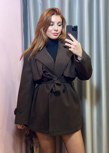 Kahverengi Kemerli Mini Deri Trençkot S-M-L - Görsel 2