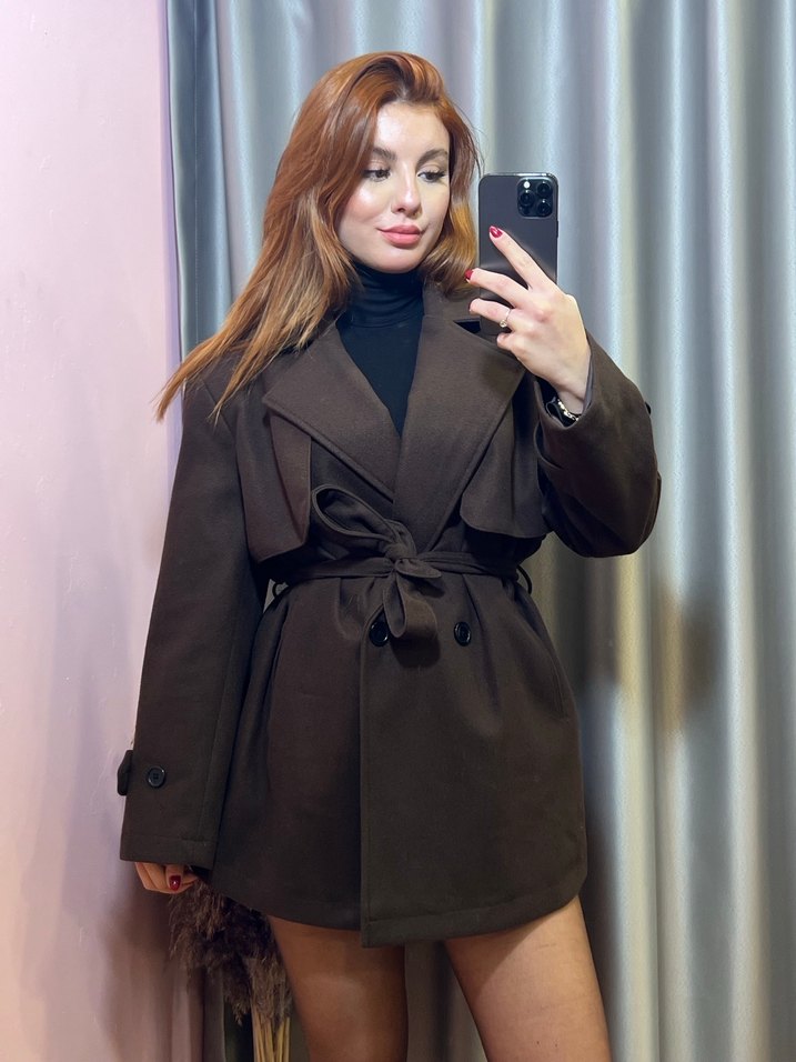 Kahverengi Kemerli Mini Deri Trençkot S-M-L - Görsel 2