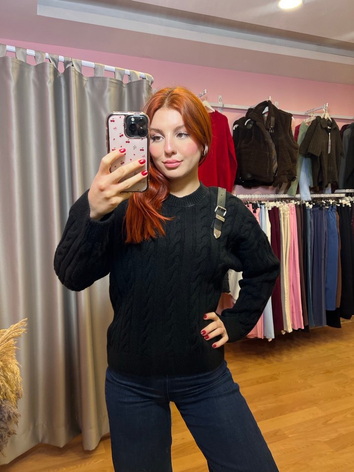 Siyah Örgü Kadın Sweatshirt - Görsel 2