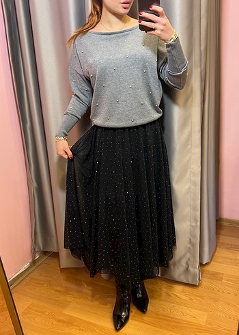 Gri Puantiyeli Örme Midi Etek S-M-L - Görsel 2