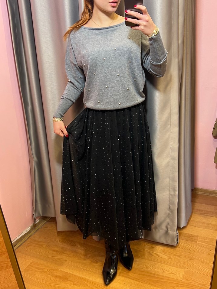 Gri Puantiyeli Örme Midi Etek S-M-L - Görsel 2