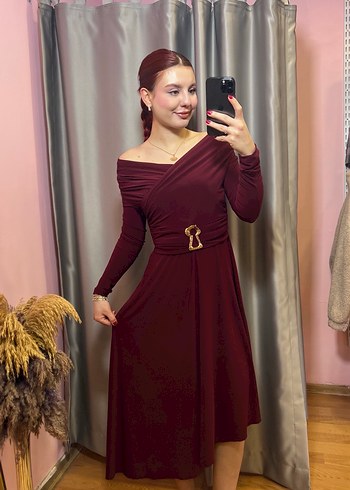 Bordo Uzun Drapeli Elbise - Görsel 2