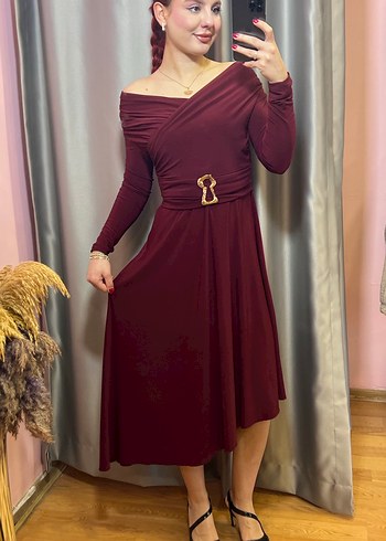 Bordo Uzun Drapeli Elbise - Görsel 5