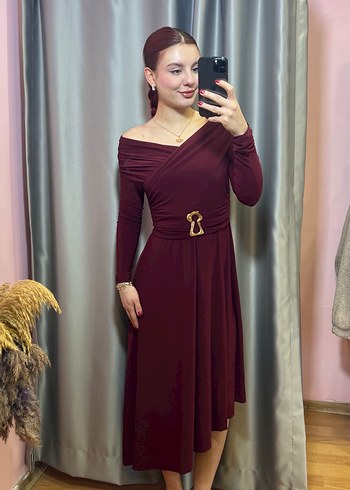 Bordo Uzun Drapeli Elbise - Görsel 3