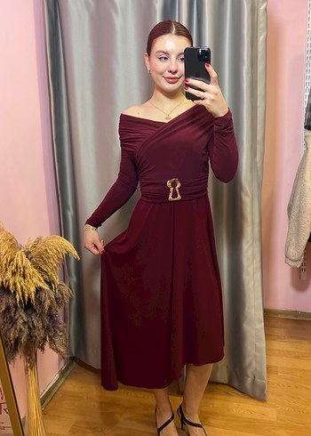 Bordo Uzun Drapeli Elbise - Görsel 4