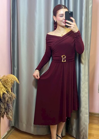 Bordo Uzun Drapeli Elbise - Görsel 6