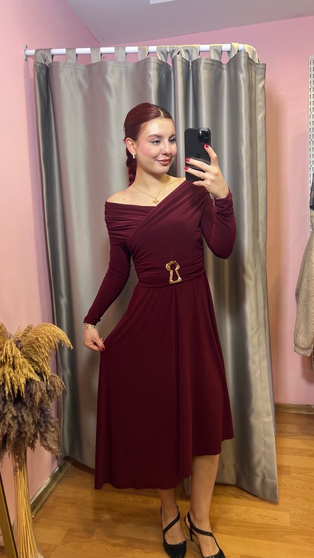 Bordo Uzun Drapeli Elbise - Görsel 2