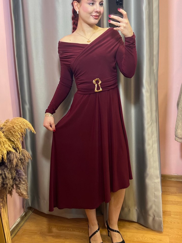 Bordo Uzun Drapeli Elbise - Görsel 5