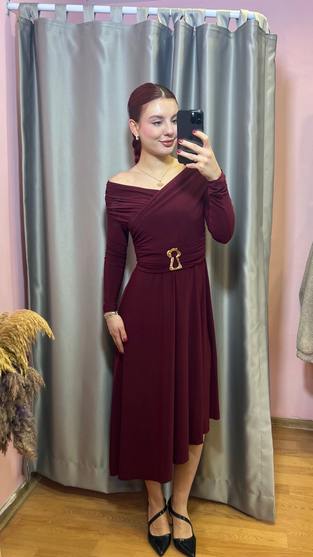 Bordo Uzun Drapeli Elbise - Görsel 3