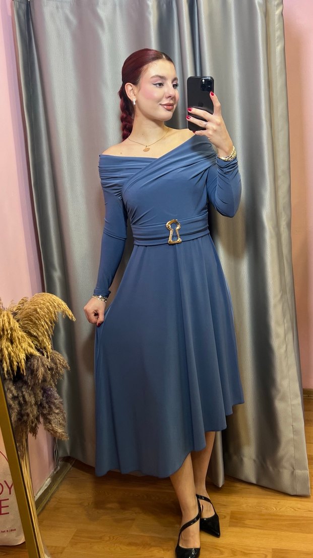 Mavi Kemerli Uzun Elbise - Görsel 4