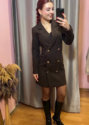 Düğmeli Kahverengi Midi Kadın Blazer - Görsel 3