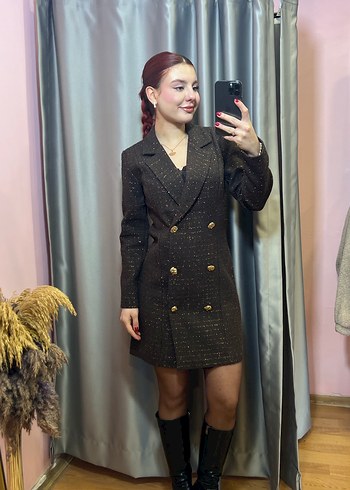 Düğmeli Kahverengi Midi Kadın Blazer - Görsel 5