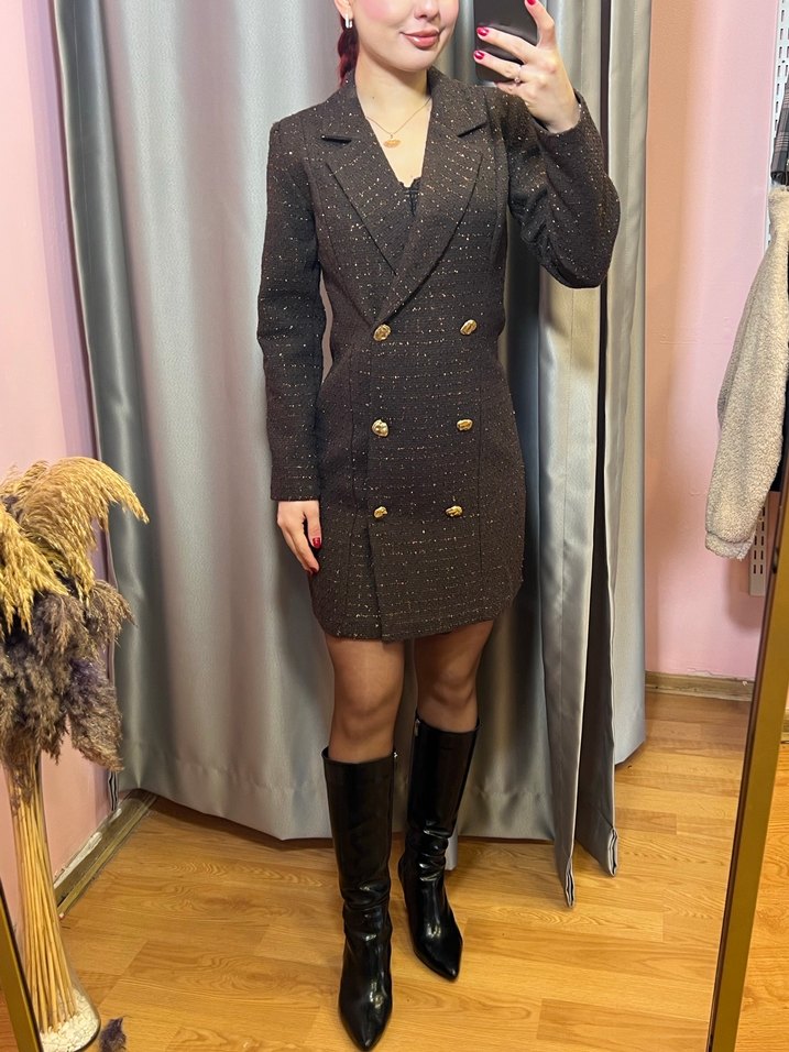 Düğmeli Kahverengi Midi Kadın Blazer - Görsel 4