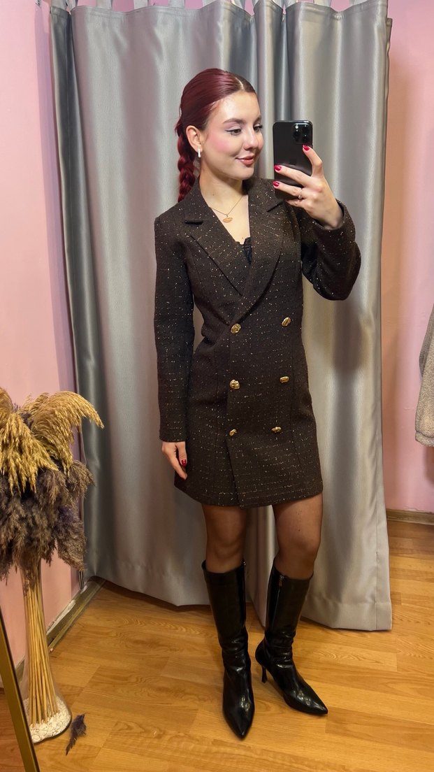 Düğmeli Kahverengi Midi Kadın Blazer - Görsel 3