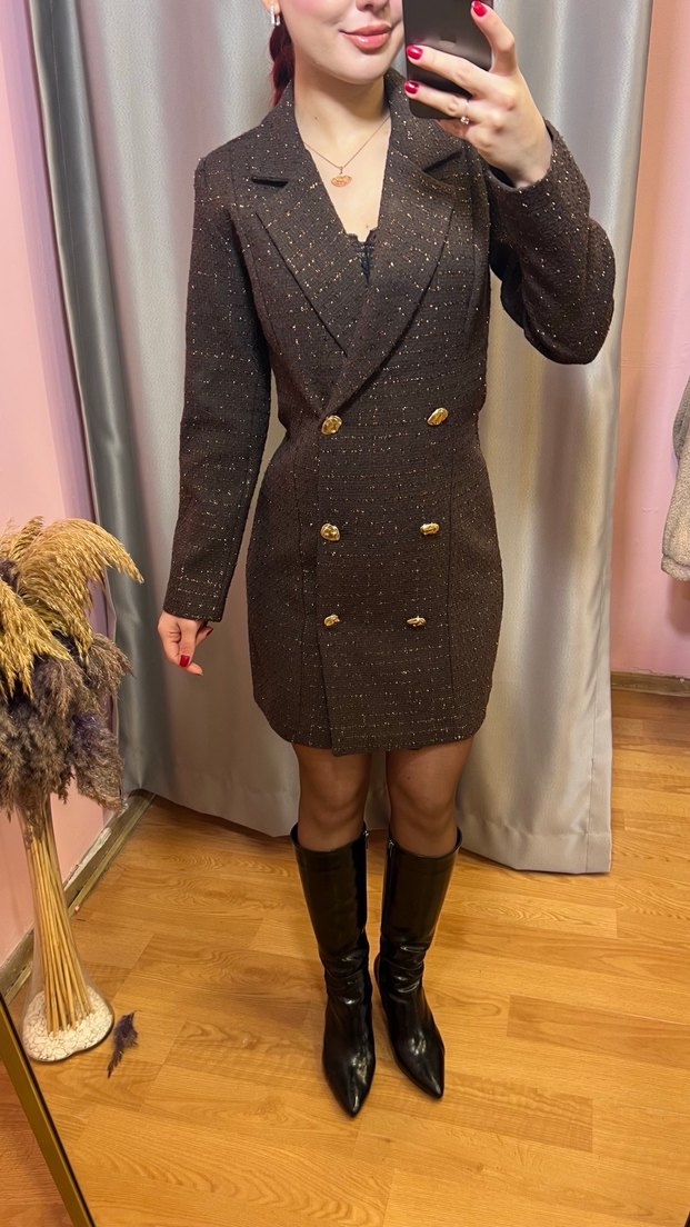 Düğmeli Kahverengi Midi Kadın Blazer - Görsel 2