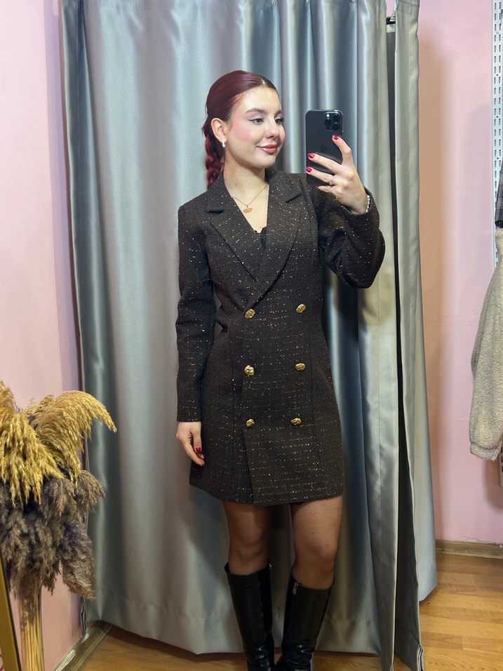 Düğmeli Kahverengi Midi Kadın Blazer - Görsel 5