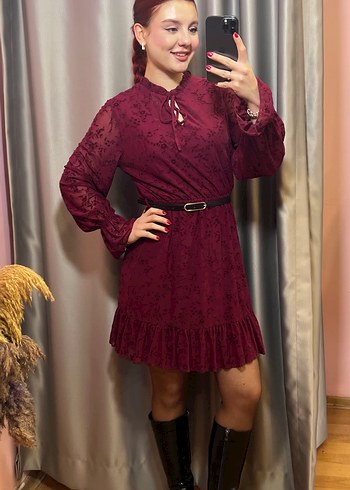 Bordo Çiçek Desenli Midi Kadın Elbise - Görsel 2