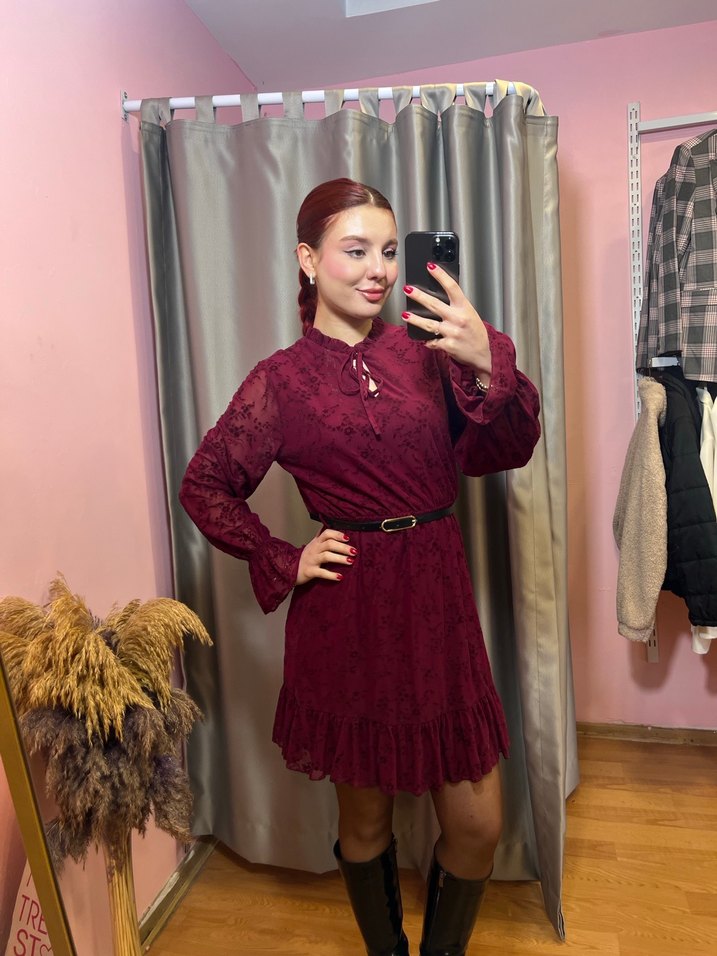 Bordo Çiçek Desenli Midi Kadın Elbise - Görsel 4