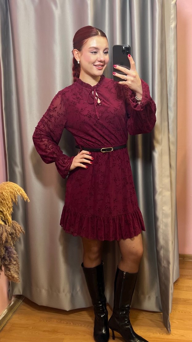 Bordo Çiçek Desenli Midi Kadın Elbise - Görsel 2