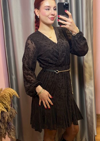 Siyah Mini V Yaka Kemerli Elbise - Görsel 3