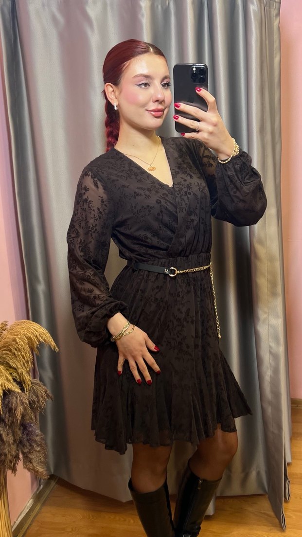 Siyah Mini V Yaka Kemerli Elbise - Görsel 3